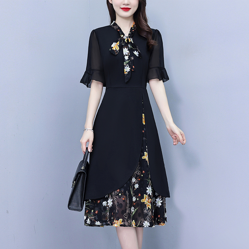 Midi Skirt Floral - 2026 Women Black Patchwork Floral Fake