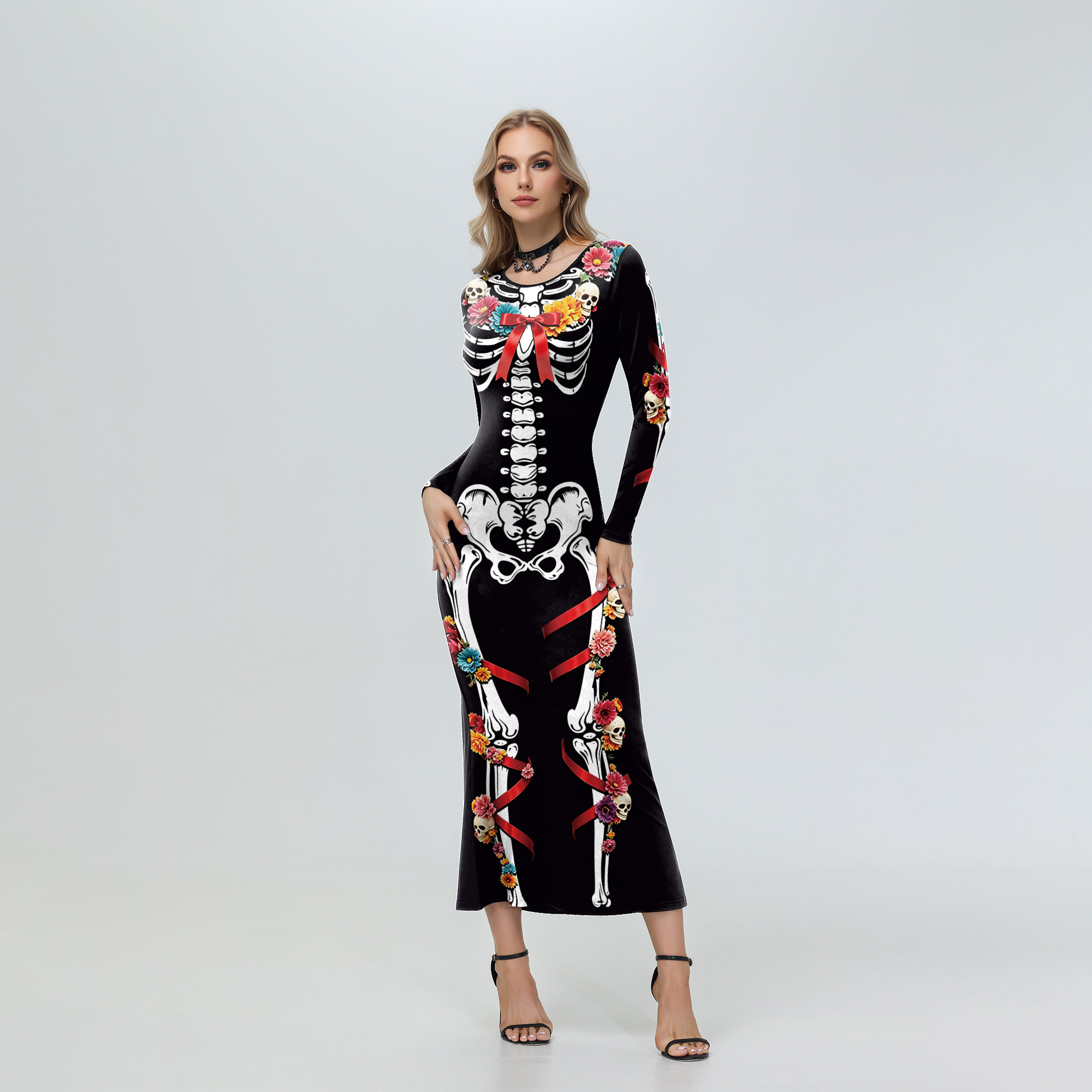 Midi Skirt Floral - Halloween Women Floral Skeleton Red Ribbon