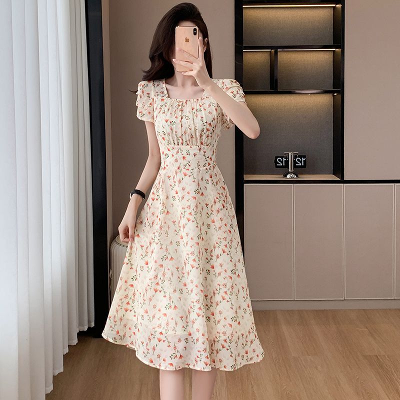 Midi Skirt Floral - Womens Square Neck Puff Sleeve Floral