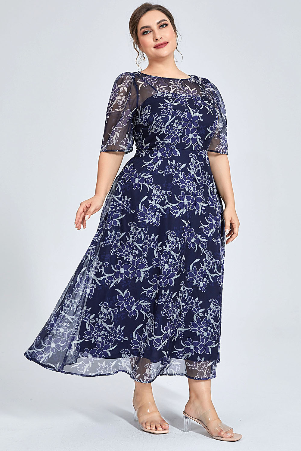 Plus Size Navy Floral Chiffon  - Midi Skirt Floral recension och pris