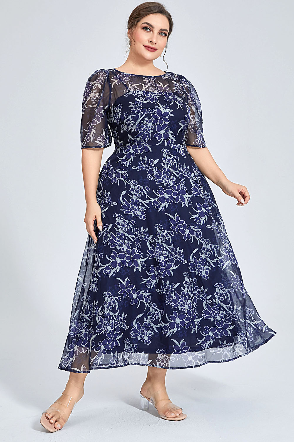 Plus Size Navy Floral Chiffon  - Midi Skirt Floral recension och pris
