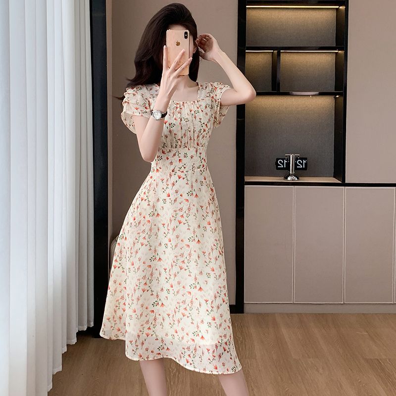 Womens Square Neck Puff Sleeve - Midi Skirt Floral recension och pris